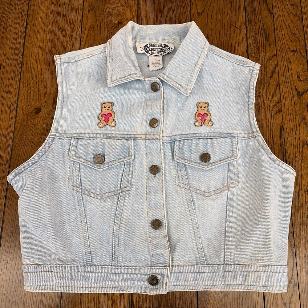 Vintage 90s Y2K Denim Jean Vest Embroidered Teddy Bears Hearts Women’s Size M